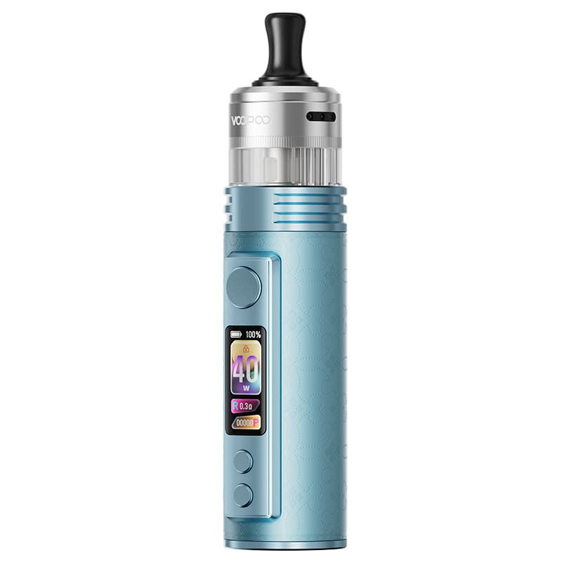 Kit pod Voopoo Drag H40 Pro bleu ciel avec revêtement en cuir, écran couleur TFT et réservoir PnP X intégré.