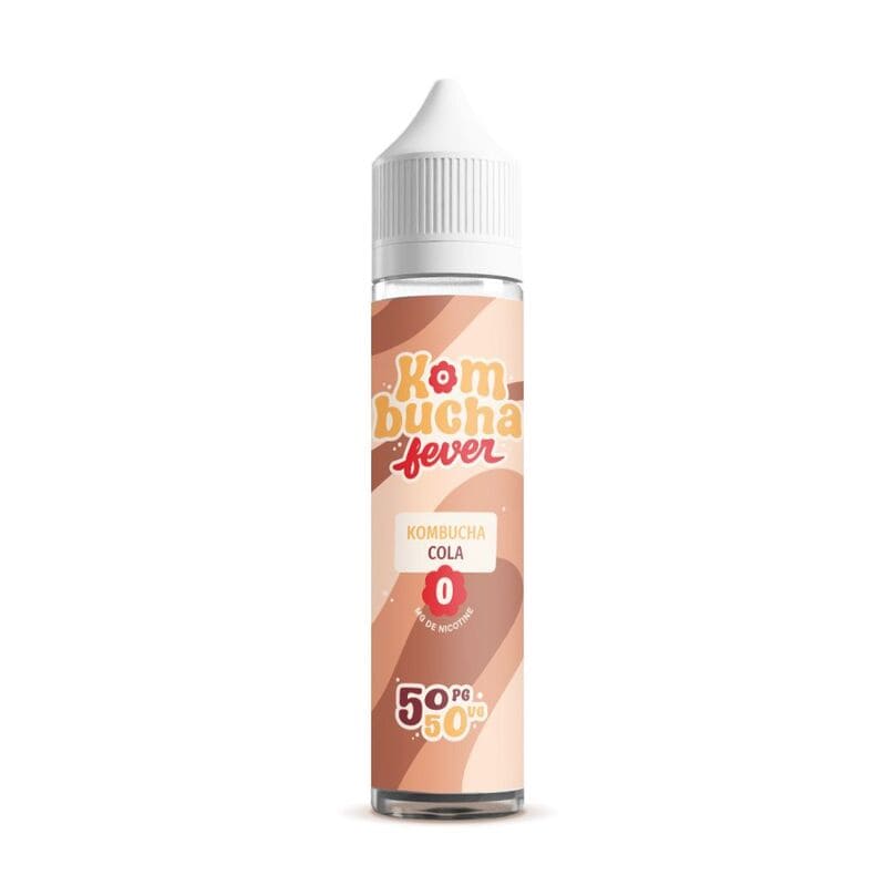 Flacon de 50ml Kombucha Fever Cola avec étiquette aux tons marron et blanc, bouchon blanc et design rétro.