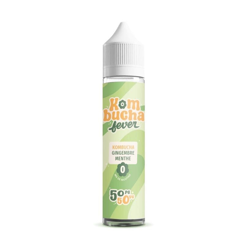 Flacon de 50ml Kombucha Fever Gingembre Menthe avec étiquette verte à motifs ondulés et bouchon blanc.