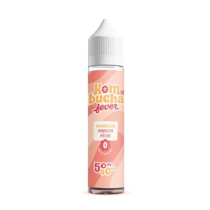 Flacon de e-liquide 50ml Kombucha Fever Hibiscus Pêche avec étiquette rose aux motifs ondulés et bouchon blanc.