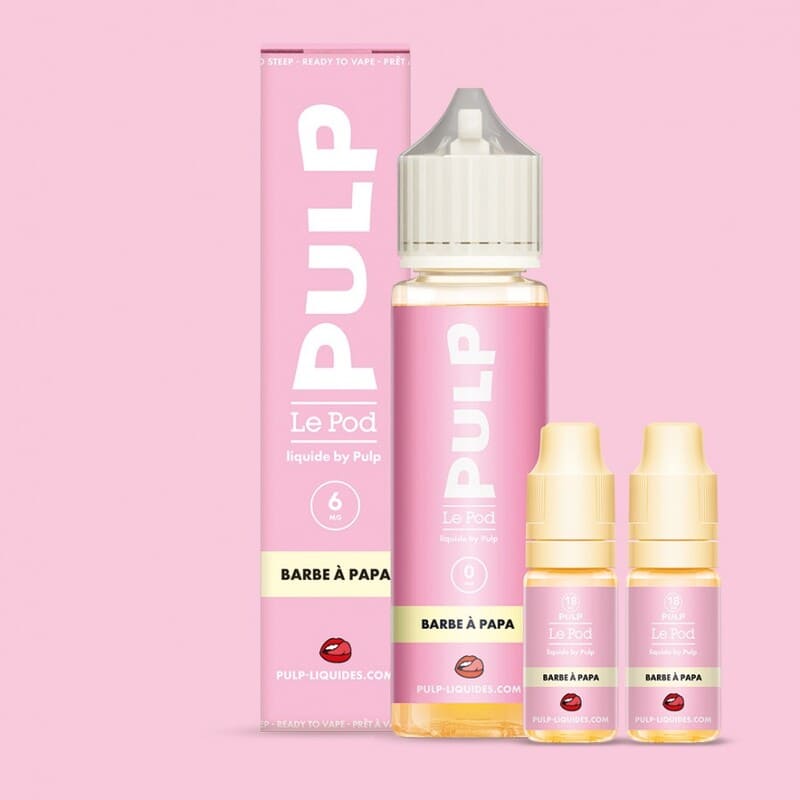 Pack e-liquide Pulp Barbe à Papa 60ml avec flacon rose, boîte assortie et deux boosters de nicotine sur fond rose.