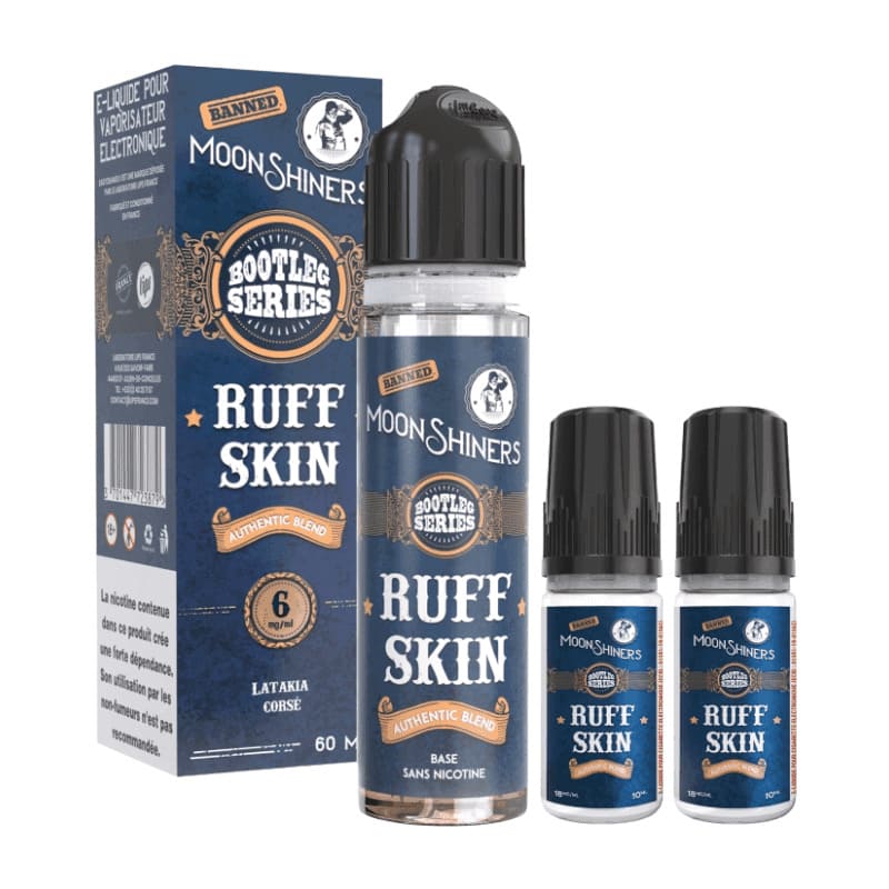 Pack e-liquide Moonshiners Bootleg Series Ruff Skin avec flacon 60ml et deux boosters de nicotine sur fond bleu.