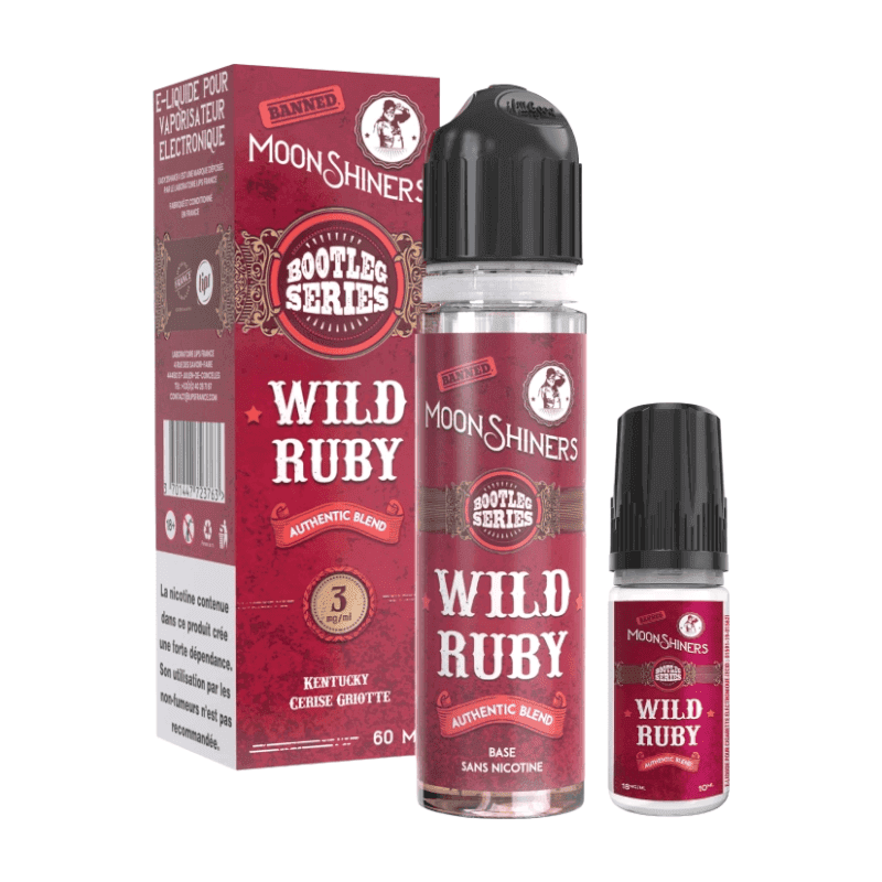 Pack e-liquide Moonshiners Wild Ruby 60ml avec flacon rouge vintage, boîte assortie et booster de nicotine.