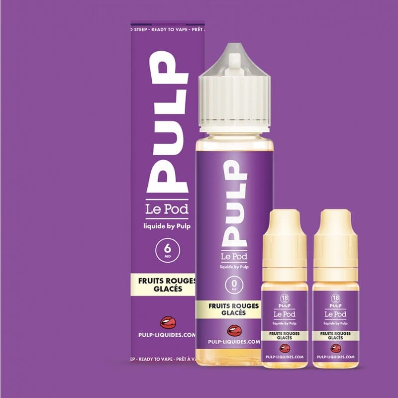 Pack e-liquide Pulp Fruits Rouges Glacés avec flacon 60ml et deux boosters de nicotine sur fond violet.