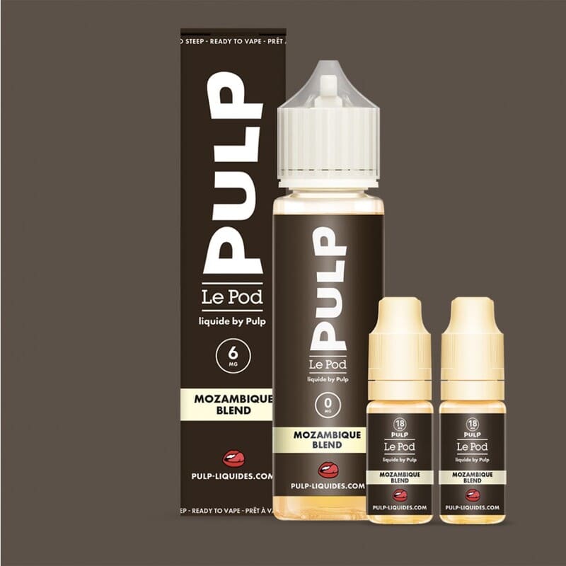 Pack e-liquide Mozambique Blend Le Pod Pulp : flacon 60ml et deux boosters de nicotine sur fond marron.
