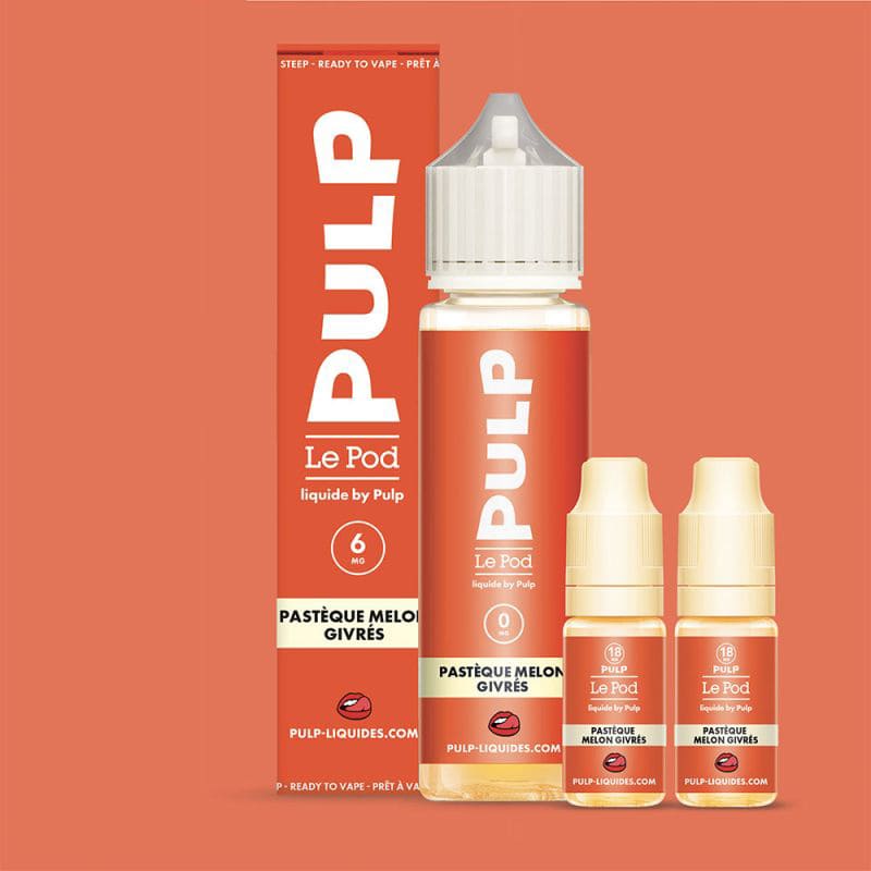 Pack e-liquide Pulp Pastèque Melon Givrés avec flacon de 60ml et deux boosters de nicotine sur fond orange.