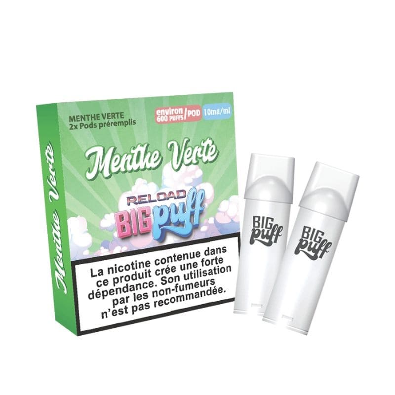 Pods Big Puff Reload 600 Puffs 2ml – Pack de 2 0 mg Menthe Verte | VAPEVO