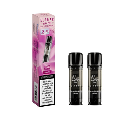 Pack de 2 cartouches Elfbar Elfa Pro Fraise Raisin avec emballage rose et pods transparents à résistance Mesh.
