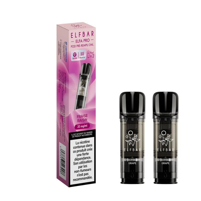 Pack de 2 cartouches Elfbar Elfa Pro Fraise Raisin avec emballage rose et pods transparents à résistance Mesh.