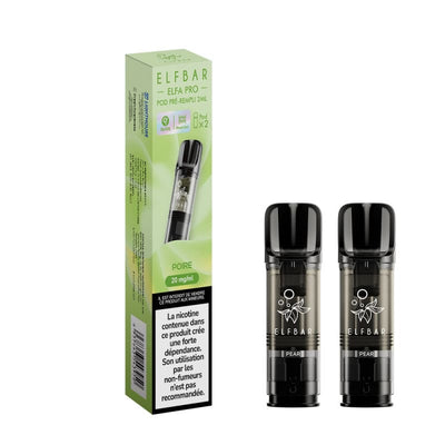 Pack de 2 cartouches Elfbar Elfa Pro saveur Poire, pods pré-remplis de 2ml avec résistance Mesh et design transparent.