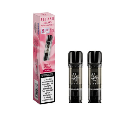Pack de deux cartouches Elfbar Elfa Pro Fruits Rouges avec emballage rose et pods transparents à résistance Mesh.