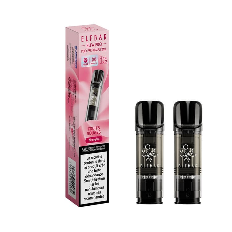 Pack de deux cartouches Elfbar Elfa Pro Fruits Rouges avec emballage rose et pods transparents à résistance Mesh.