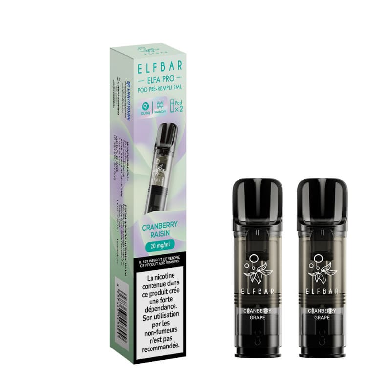Pack de deux cartouches Elfbar Elfa Pro Cranberry Raisin avec emballage et pods transparents à résistance Mesh.