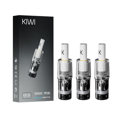 Pack de 3 cartouches transparentes Kiwi Spark V2 avec embouts blancs et boîte noire de présentation.