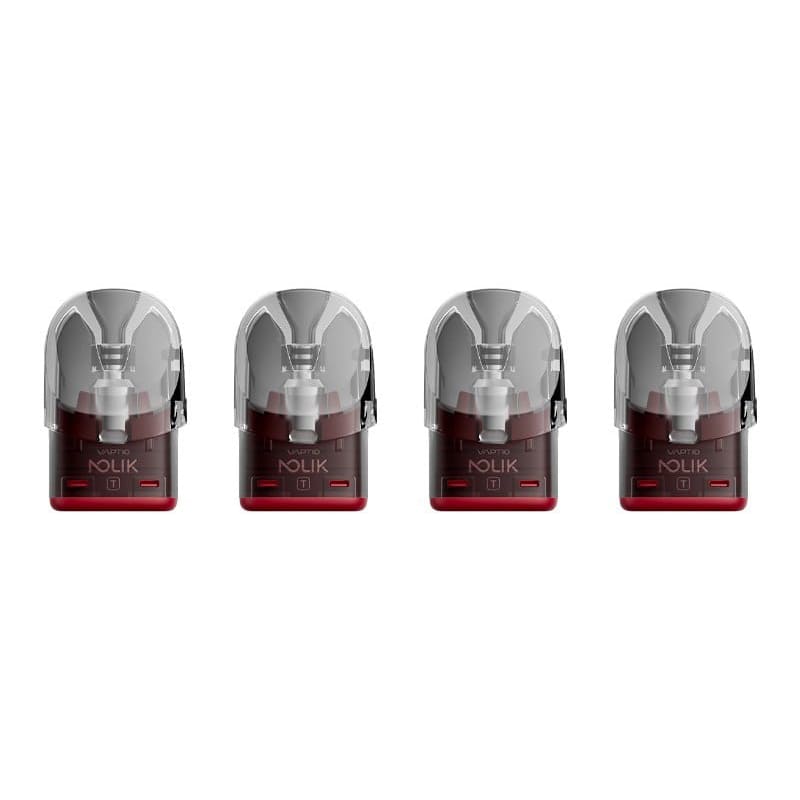 Pack de 4 cartouches Vaptio Nolik-T 3ml en PCTG transparent avec base rouge et résistance mesh intégrée.