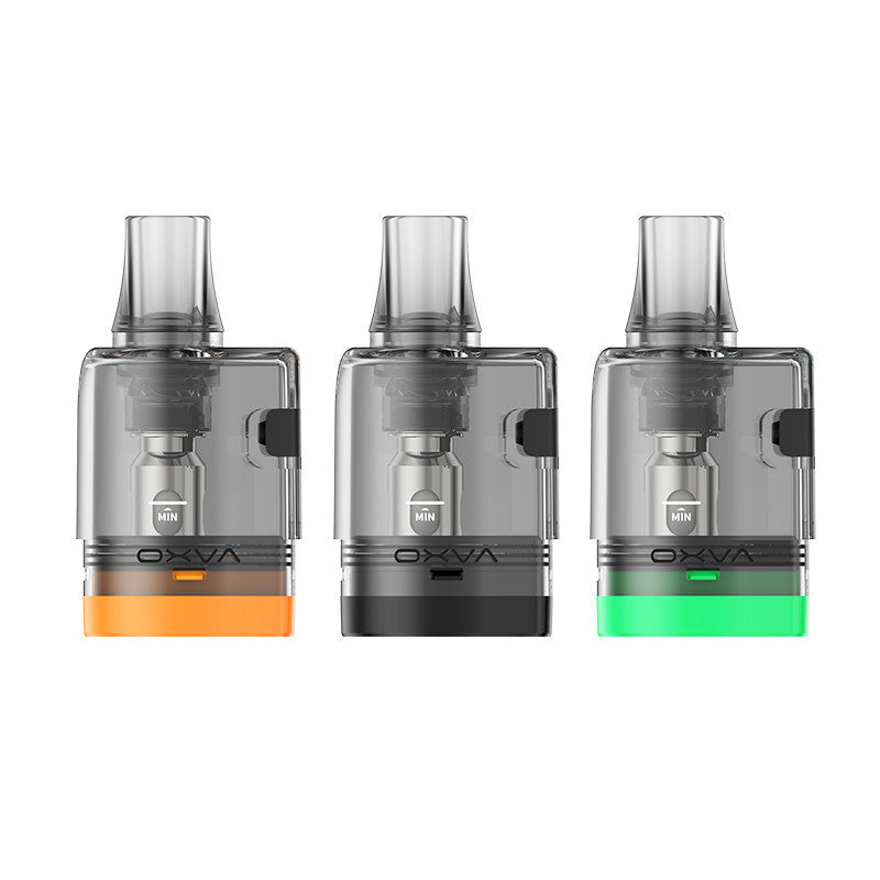 Pack de 3 cartouches OXVA Oneo Pro 4ml transparentes avec bases colorées orange, noire et verte.