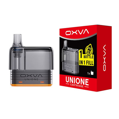 Cartouche de remplacement OXVA Unione 10ml transparente avec résistance intégrée et emballage rouge et noir.