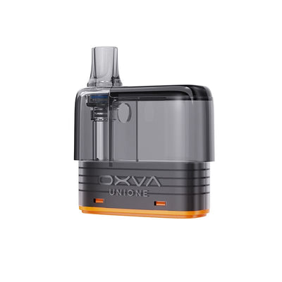 Cartouche de remplacement OXVA Unione 10ml transparente et noire avec résistance intégrée et base orange.