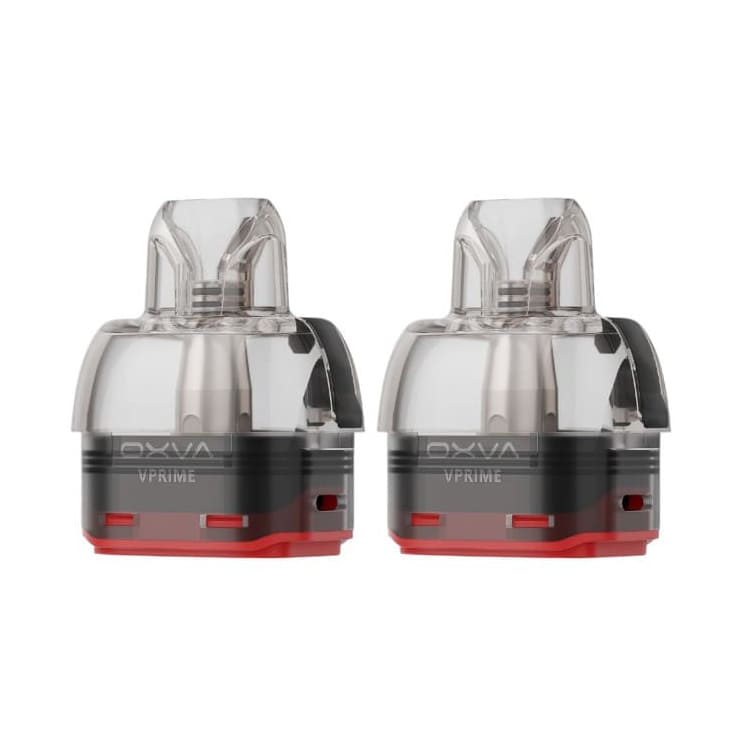 Pack de deux cartouches rechargeables transparentes OXVA VPrime avec base noire et rouge et résistance intégrée.