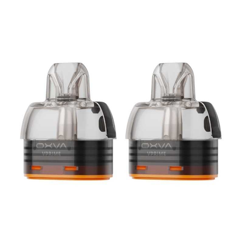 Pack de deux cartouches rechargeables OXVA VPrime transparentes avec base orange et embout buccal intégré.