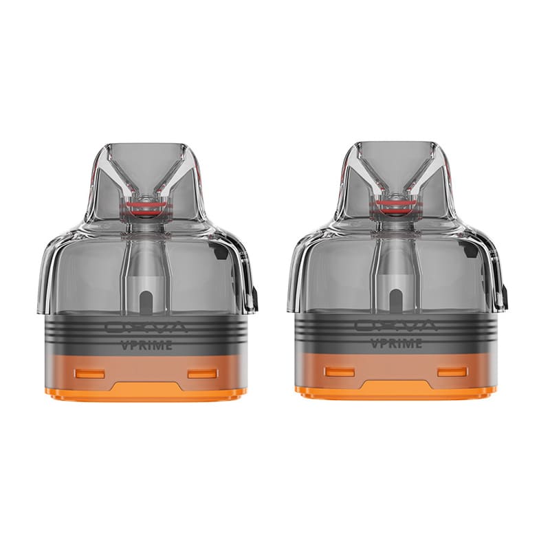 Pack de deux cartouches rechargeables OXVA VPrime transparentes avec base orange et résistance intégrée.