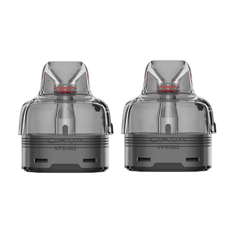 Pack de deux cartouches rechargeables transparentes et grises OXVA VPrime avec résistance intégrée pour cigarette électronique.
