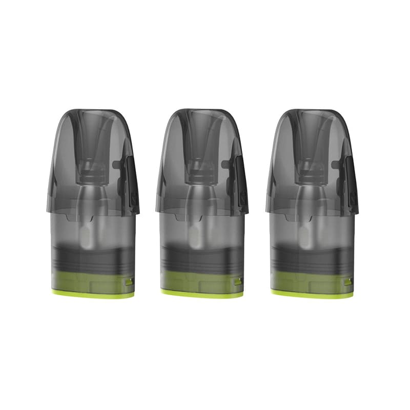 Pack de trois cartouches rechargeables RELX Prime 3ml en plastique transparent fumé avec base verte.