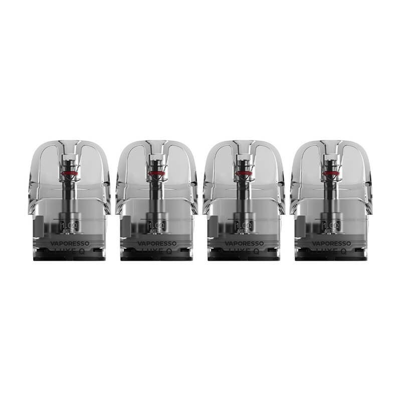 Pack de 4 cartouches Vaporesso Luxe Q2 transparentes de 3 ml avec résistance mesh intégrée et base noire.