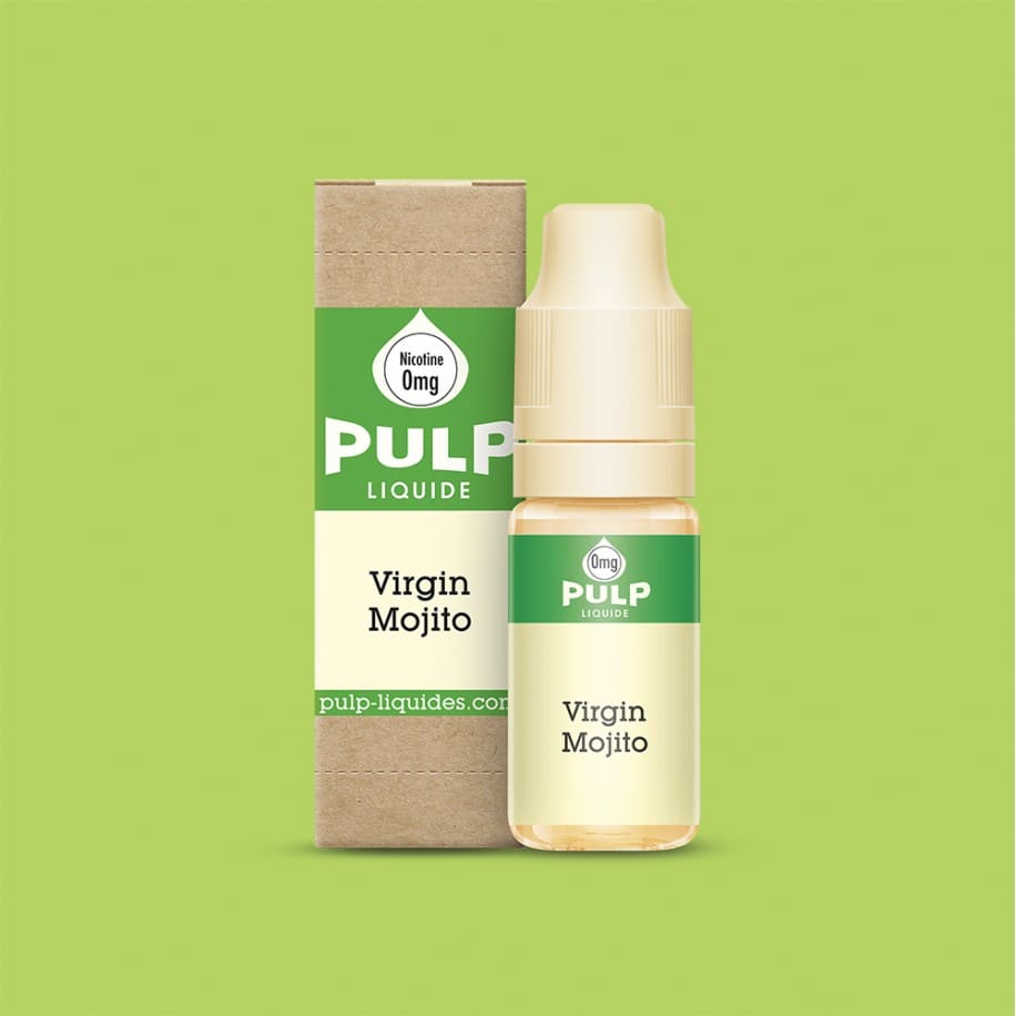 Flacon d'e-liquide PULP Virgin Mojito 10ml avec son emballage en carton kraft sur fond vert clair.