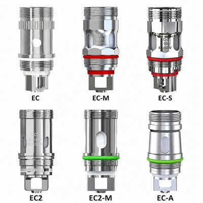 Six résistances Eleaf EC en acier inoxydable avec joints colorés, étiquetées par modèle et spécifications techniques.