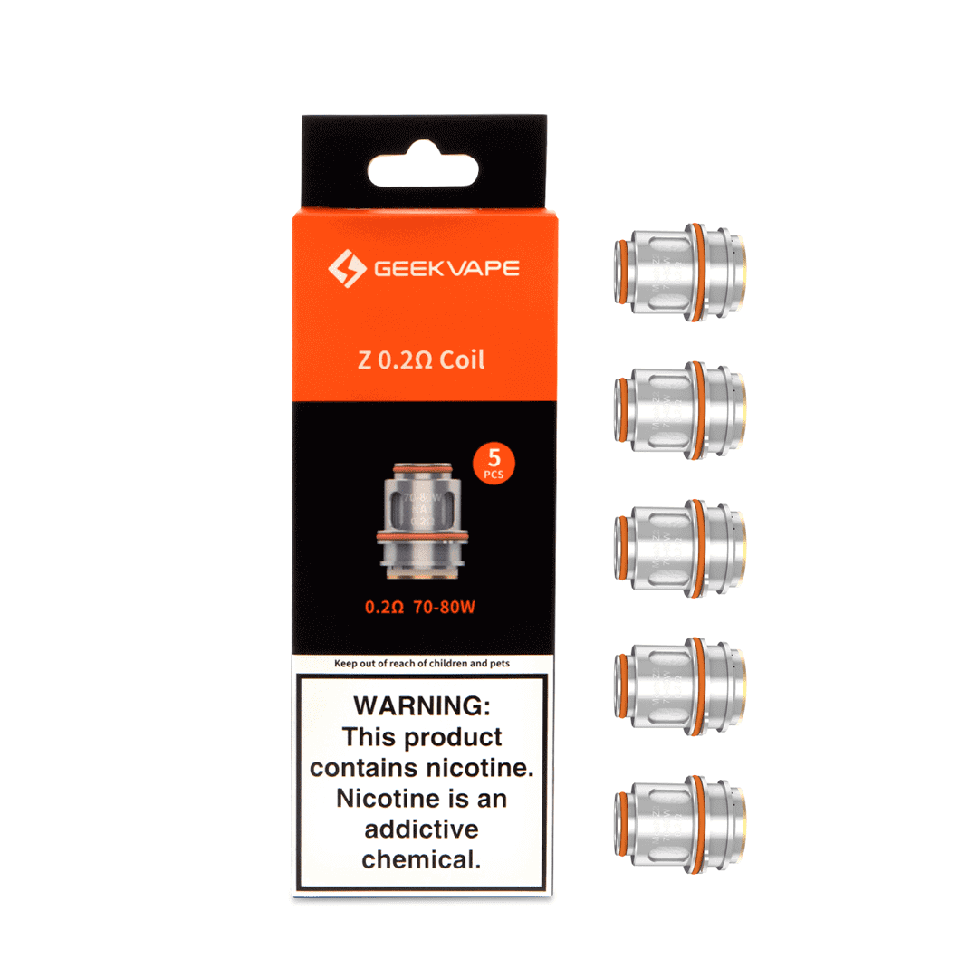 Pack de 5 résistances Geekvape Z Series 0.2 ohm avec emballage orange et noir et coils métalliques.