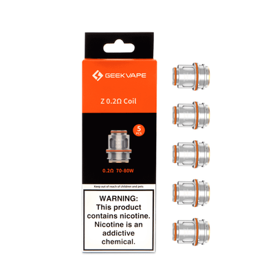 Pack de 5 résistances Geekvape Z Series 0.2 ohm avec emballage orange et noir et coils métalliques.
