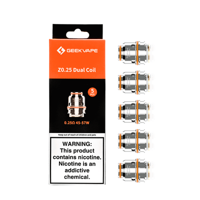 Pack de 5 résistances Geekvape Z Series 0.25 ohm avec emballage orange et noir et joints d'étanchéité orange.