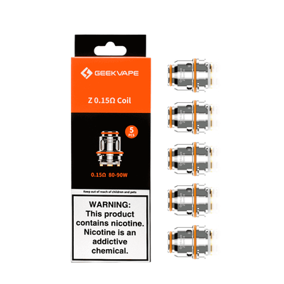 Pack de 5 résistances Geekvape Z Series 0.15 ohm en métal argenté avec joints orange dans leur boîte de présentation.