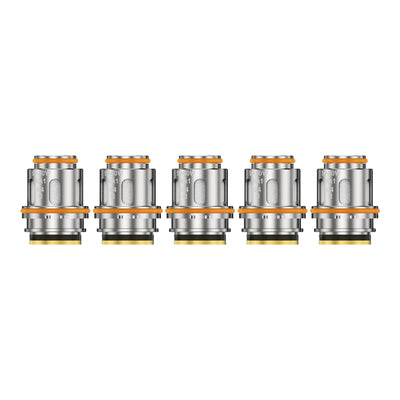 Pack de cinq résistances Geekvape Z Series en métal argenté avec joints toriques orange, alignées sur fond blanc.