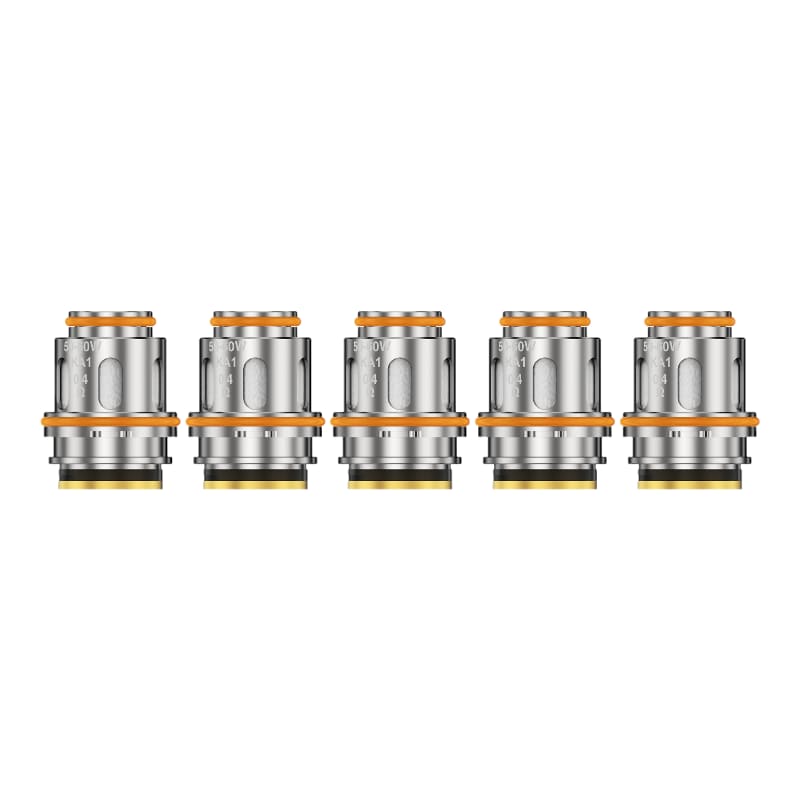 Pack de cinq résistances Geekvape Z Series en métal argenté avec joints toriques orange, alignées sur fond blanc.