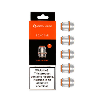 Pack de 5 résistances Geekvape Z Series 0.4 ohm avec emballage orange et noir et coils métalliques à joints orange.