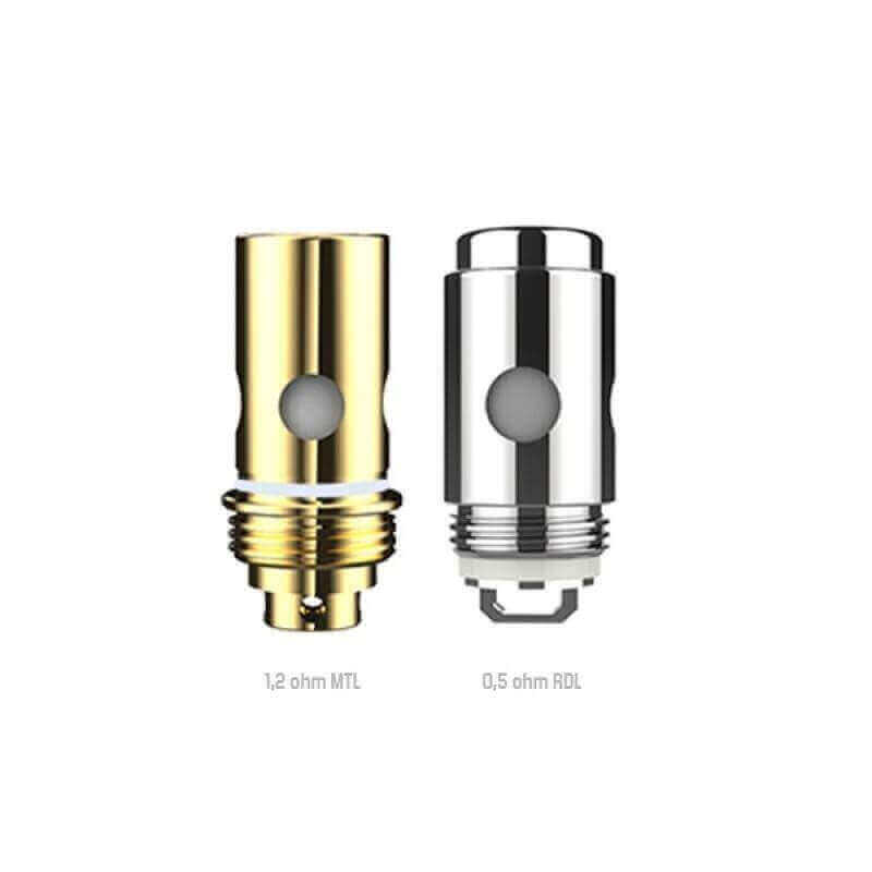 Deux résistances Innokin Sceptre : une dorée 1,2 ohm pour MTL et une argentée 0,5 ohm pour RDL, sur fond blanc.