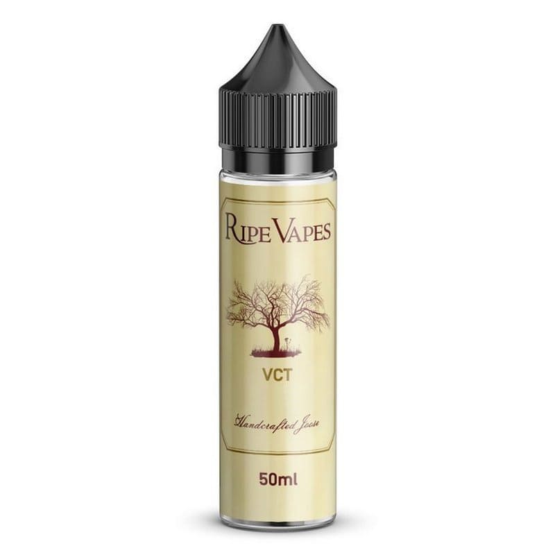 Flacon unicorn de 50ml Ripe Vapes VCT avec étiquette crème, logo arbre et bouchon noir pour e-liquide gourmand.