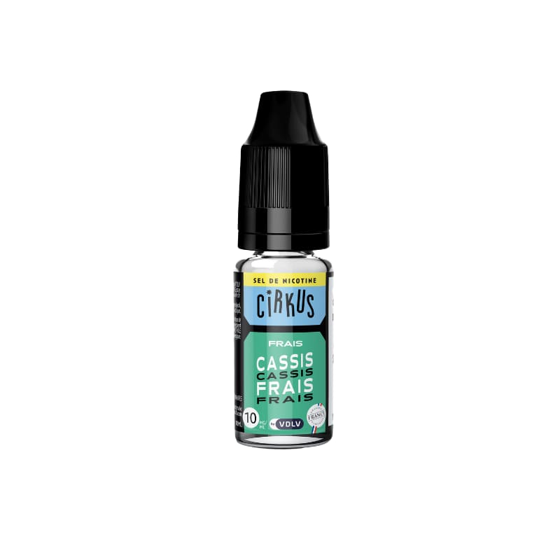 Flacon de 10ml d'e-liquide Cirkus Cassis Frais aux sels de nicotine avec étiquette bleue et jaune et bouchon noir.