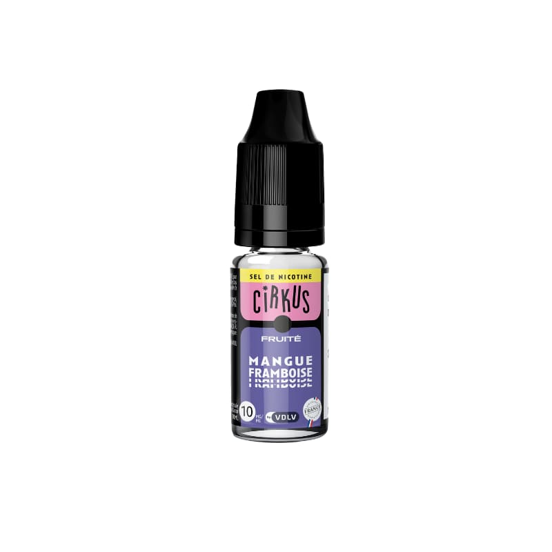Flacon 10ml d'e-liquide Cirkus Mangue Framboise aux sels de nicotine avec étiquette colorée et bouchon noir.