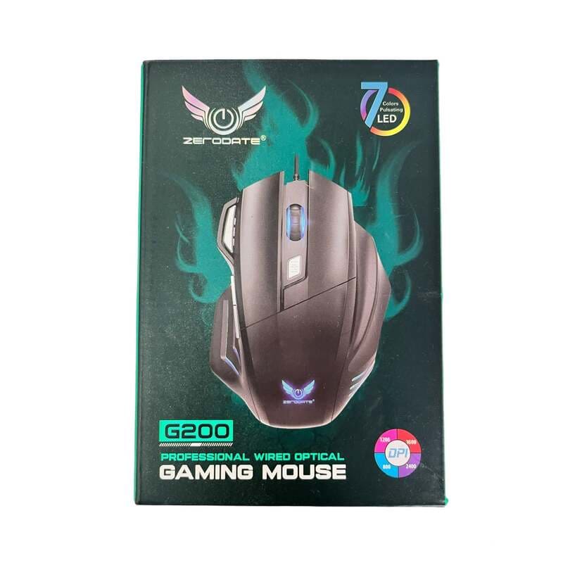 Emballage de la souris gaming filaire Zerodate G200 noire avec éclairage LED multicolore et capteur optique réglable.