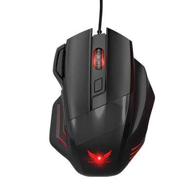 Souris gaming filaire Zerodate G200 noire au design ergonomique avec éclairage LED rouge et bouton DPI réglable.
