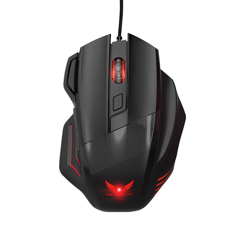Souris gaming filaire Zerodate G200 noire au design ergonomique avec éclairage LED rouge et bouton DPI réglable.