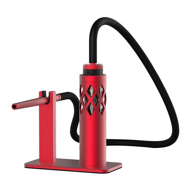 Dock en aluminium rouge pour Fumytech Hookah Air avec design moucharabieh, tuyau noir et support pour embout buccal.