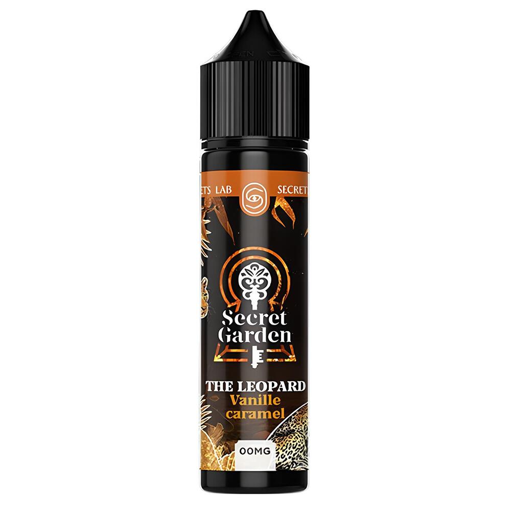 Flacon d'e-liquide Secret Garden The Leopard 50ml, étiquette noire et orange avec motif léopard, bouchon noir.