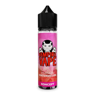 Flacon d'e-liquide Vampire Vape Pinkman Watermelon avec étiquette rose, logo vampire et bouchon noir sur fond blanc.
