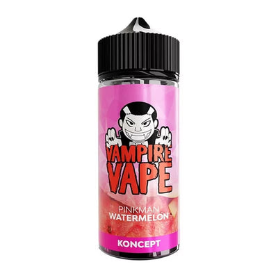 Flacon d'e-liquide Vampire Vape Pinkman Watermelon avec étiquette rose, illustration de vampire et bouchon noir.
