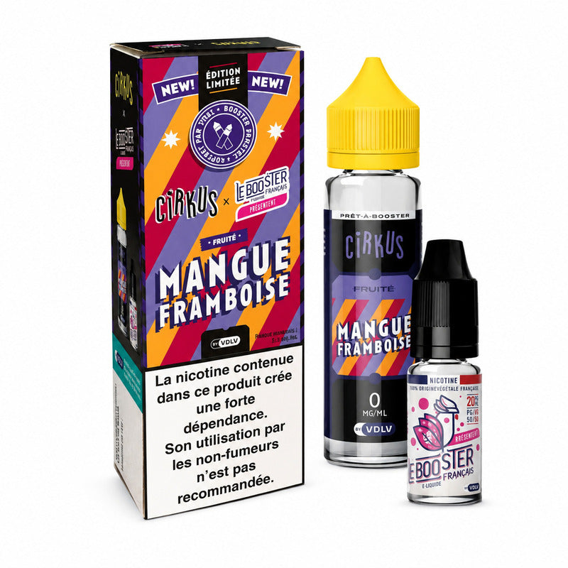 Pack VDLV Cirkus Mangue Framboise avec flacon 50ml, booster Neosweet 10ml et boîte colorée à rayures orange et violettes.