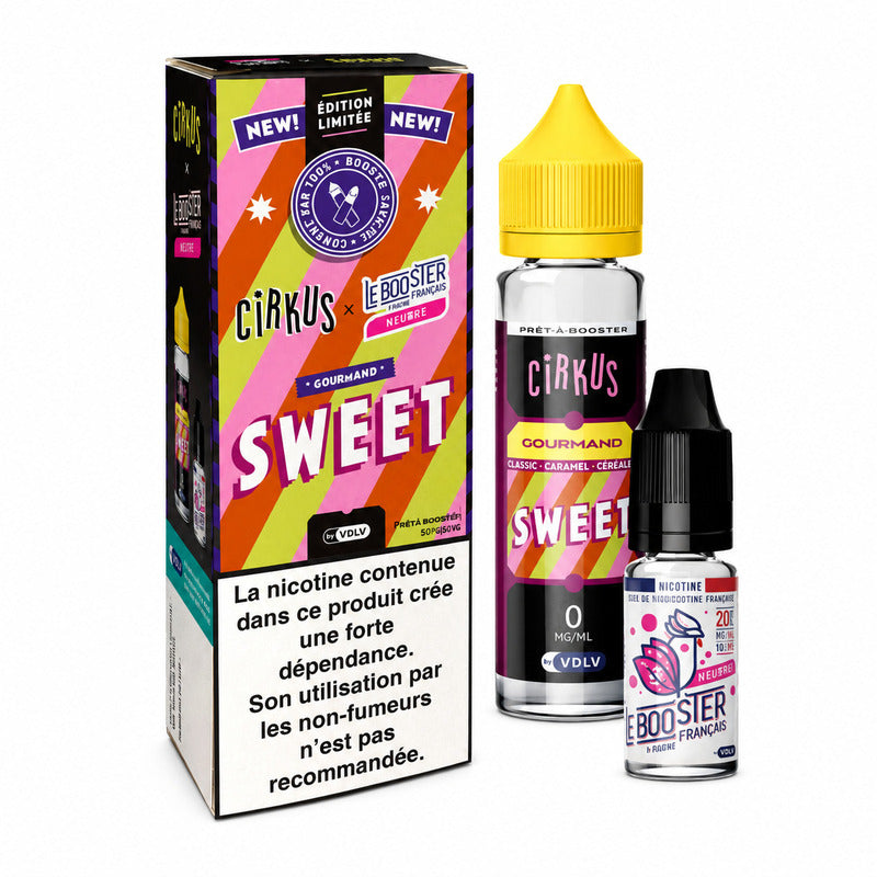 Pack VDLV Cirkus Sweet 60ml avec flacon d'e-liquide, booster Neosweet et emballage cartonné aux rayures colorées.